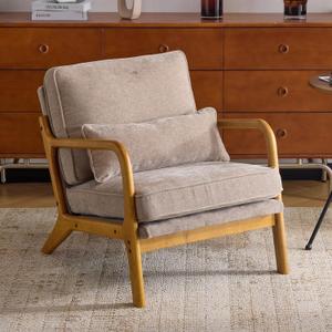 Karl home Mid Century Modern Accent Chair with Lumbar Pillow & Oak Arms  Plush Chenille Living Room Chair for Bedroom, Lounge (Khaki)