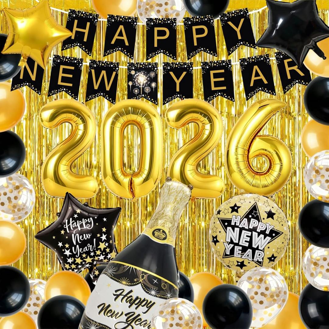 2026 New Years Eve Party Decorations - Gold and Black Balloon Kit with Banner, Curtains, Star & Champagne Balloons for NYE Countdown Party Supplies
