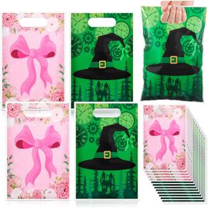 Marspark 120 Pcs Pink and Green Party Bags, Double-sided Princess & Witch Theme Pink Bow Green Witch Hat 6.5 x 9.8 Inch Gift Candy Treat Goodie Bags for Magical Birthday, Baby Shower, and Party Favors