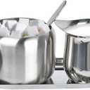 Sugar and Creamer Set, Coffee Serving Set, Stainless Steel Latte Milk Cup Cream Jug and Sugar Bowl with Lid and Spoon Tray Server for Coffee Tea Pepper Spices