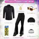 6 Pcs 70s Disco Outfit Costume for Men Dance Bell Bottom Pants Retro Shirts Moustache Sunglasses Wigs Necklace (Medium, Black)