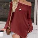 Tankaneo Womens Off The Shoulder Tops Casual Long Sleeve T Shirts Irregular Hem Split Tunics Loose Fall Blouse Shirt Burgundy (Red, L)