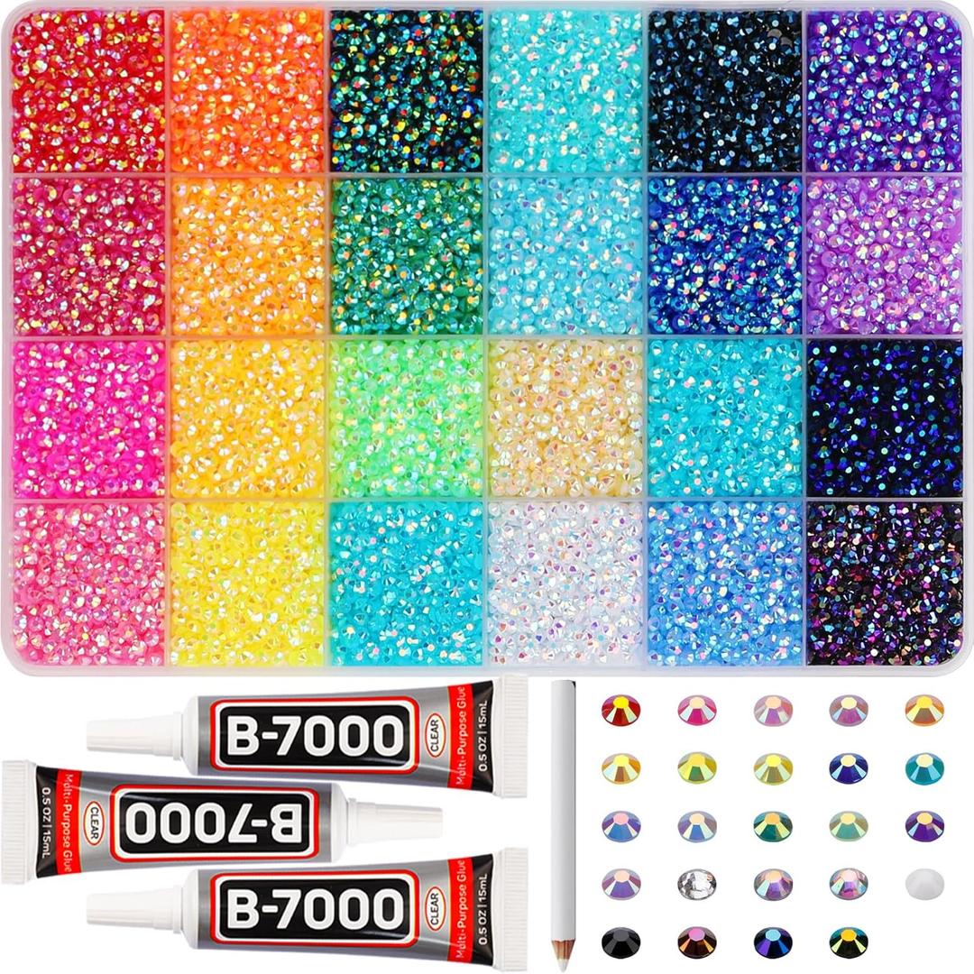33000Pcs 3mm Rainbow Jelly Rhinestones Gems for Bedazzling Crafting, Colorful Bedazzled Resin Gemstone Flatback Jewel, SS10 Multi Colored Bedazzler Kit with B7000 Glue for Book Clothes Crafts Clothing, Large Pack + 3Pcs Glue