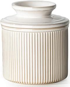 Getstar Large Ceramic Butter Crock with Lid for Countertop, 6OZ French Butter Dish Keeper for Spreadable Butter Water Seal with Elegant Embossed Pattern, Cream White