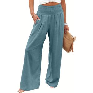 ANRABESS Women Linen Palazzo Pants Summer Boho Wide Leg High Waist Casual Lounge Pant 2025 Beach Travel Vacation Outfits (Medium, Lake)