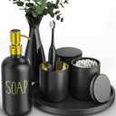 Black Bathroom Accessories Set with Tray, 6pcs Matte Black Bathroom Accessory Sets, Glass Soap Dispenser and Toothbrush Holder Set, Qtip Holder, Ceramic Flower Vase, Bathroom Set Decor