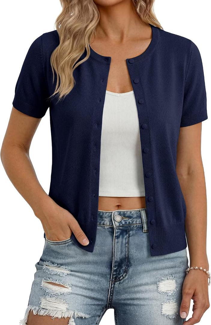 GRACE KARIN Short Sleeve Cardigan Summer Button up Sweaters for Women Lightweight Crew Neck Casual Outfits (Blue, M)