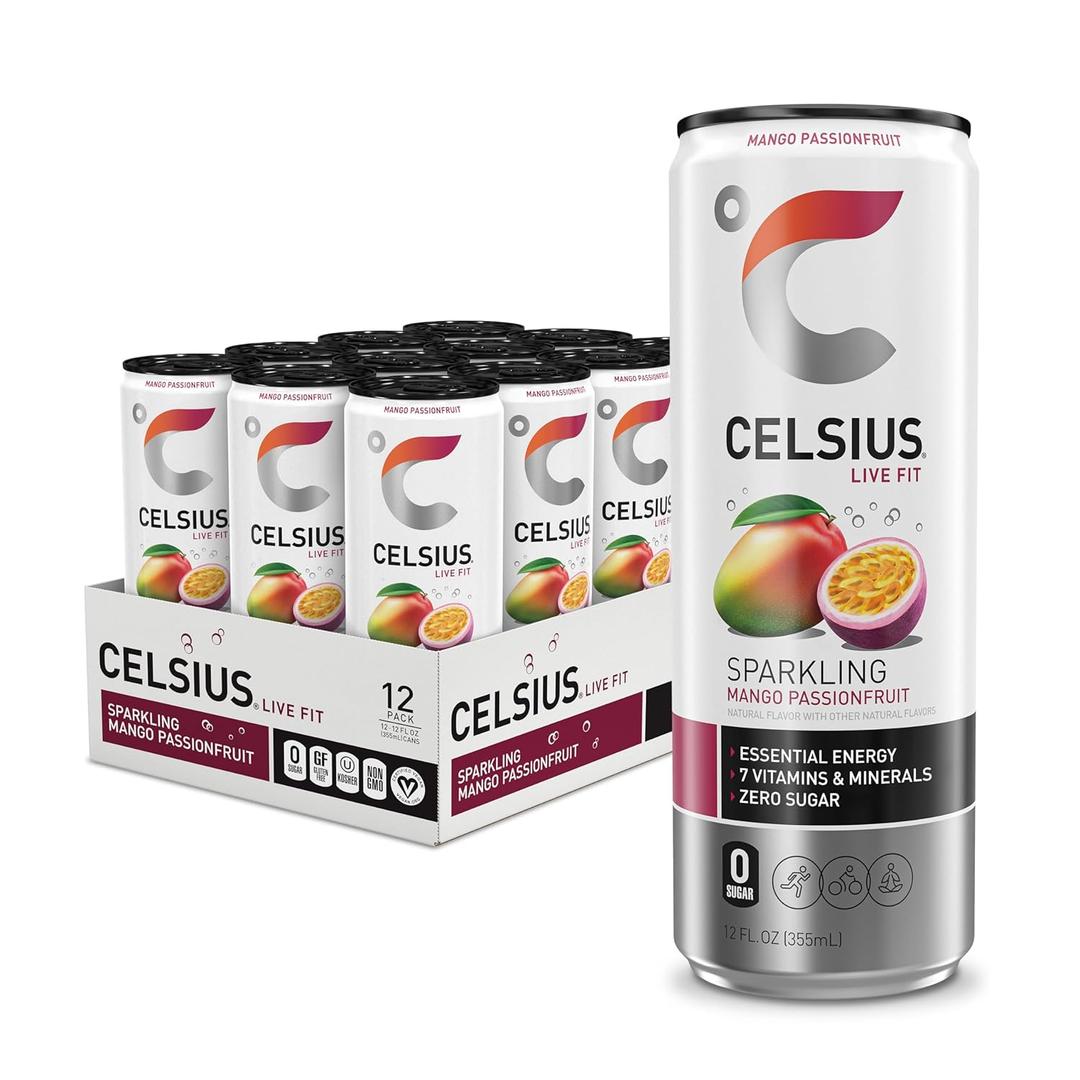 CELSIUS Sparkling Mango Passionfruit, Functional Essential Energy Drink 12 Fl Oz (Pack of 12) (EXP 05/01/26)