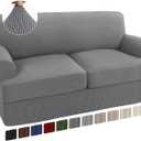 Turquoize 3 Piece T Cushion Loveseat Slipcovers Sofa Cover for 2 Cushion Couch Cover Washable Sofa Slipcover Furniture Covers with 2 Individual T Cushion Seat Covers (2 Cushion Loveseat, Dove)