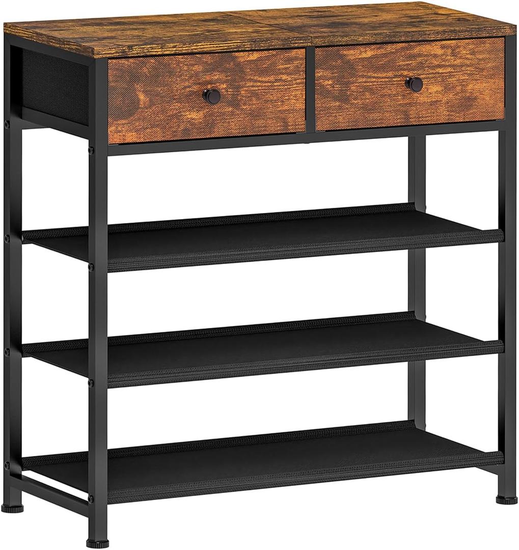 usikey Shoe Rack, 4 Tier Shoe Storage Organizer with 2 Drawers, Metal Shoe Shelf for 9-12 Pairs of Shoes, with 3 Fabric Shelves and Wooden Top, Shoe Stand for Closet Entryway, Rustic Brown