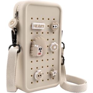 Silicone Crossbody Bag for Women, DIY Charm Compatible Perforated Hole Design, Compact Waterproof Lightweight Phone Purse with Adjustable Strap for Daily Use (Beige)