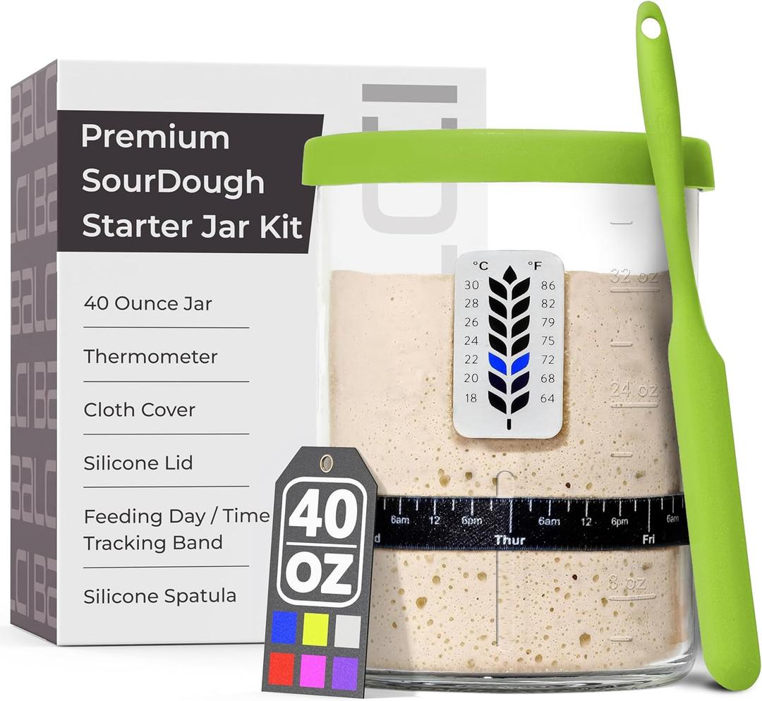 Premium Sourdough Starter Jar - 40oz Large Sourdough Jar with Marked Feeding Band, Thermometer, Scraper, Cloth Cover and Silicone Lid/Base, Wide Mouth Starter Kit - Green (40oz (1 Pack)