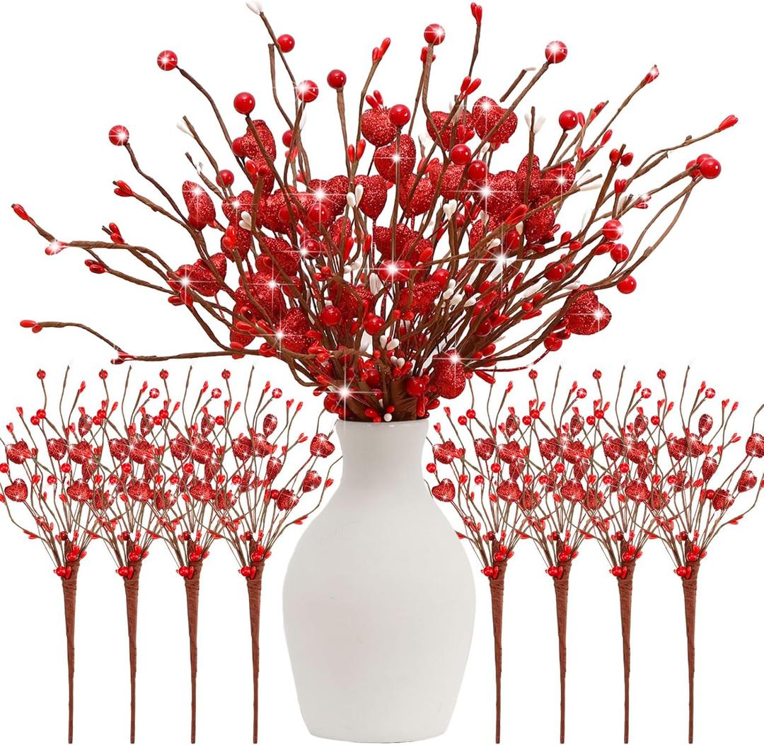 Lyrow 8 Pack Valentine's Day Artificial Glitter Berry Flower Stems Heart Shaped Berry Picks 16 Inch Stems Valentine's Day Gifts Flower for Party Wedding Decor(Red)