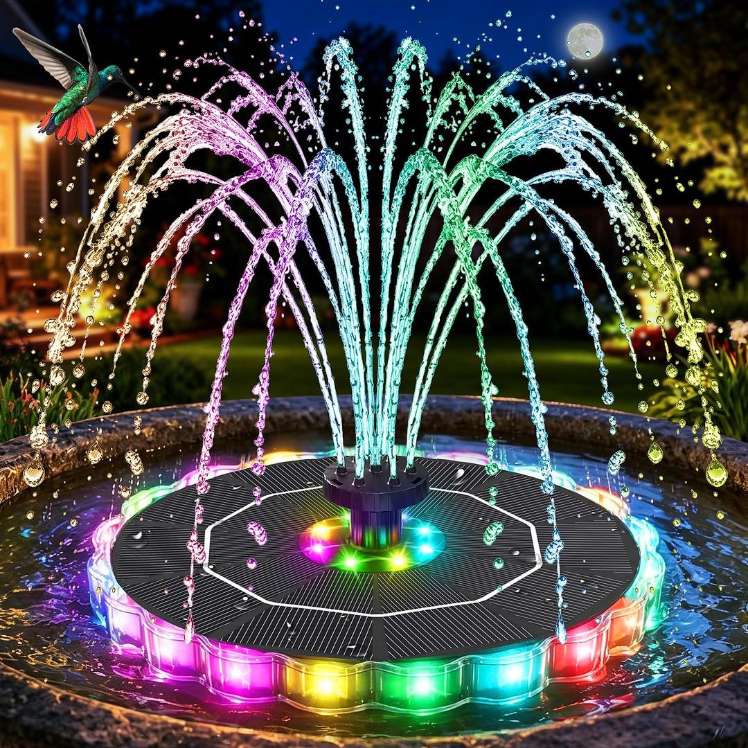 GAIZERL Solar Fountain, 2026 Upgrade 3.5W Solar Bird Bath Fountains with Colorful Ring LED Lights, 2000mAh Battery, 7 Nozzles and 4 Fixers, Solar Water Fountain Pump for Pond, Pool, Patio and Garden