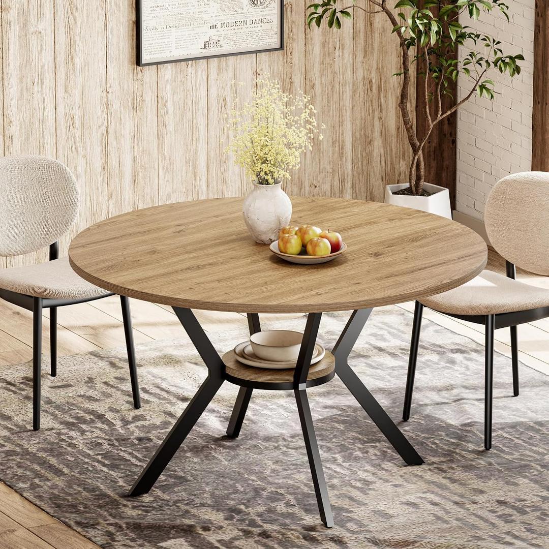 MECHYIN 42 Inch Round Dining Table for 24, Farmhouse Round Kitchen Table with Storage Shelf, Pedestal Dining Table, Wood Top & Metal Base, Small Space Table for Apartment, Dining Room