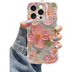 Jusy Case for iPhone 16 Pro Max, Colorful Retro Oil Painting Printed Flower Laser Blue Glossy Pattern Cute Curly Wave Phone Case Soft TPU Cover for Girly Women -Green (Green Without Bracelet)