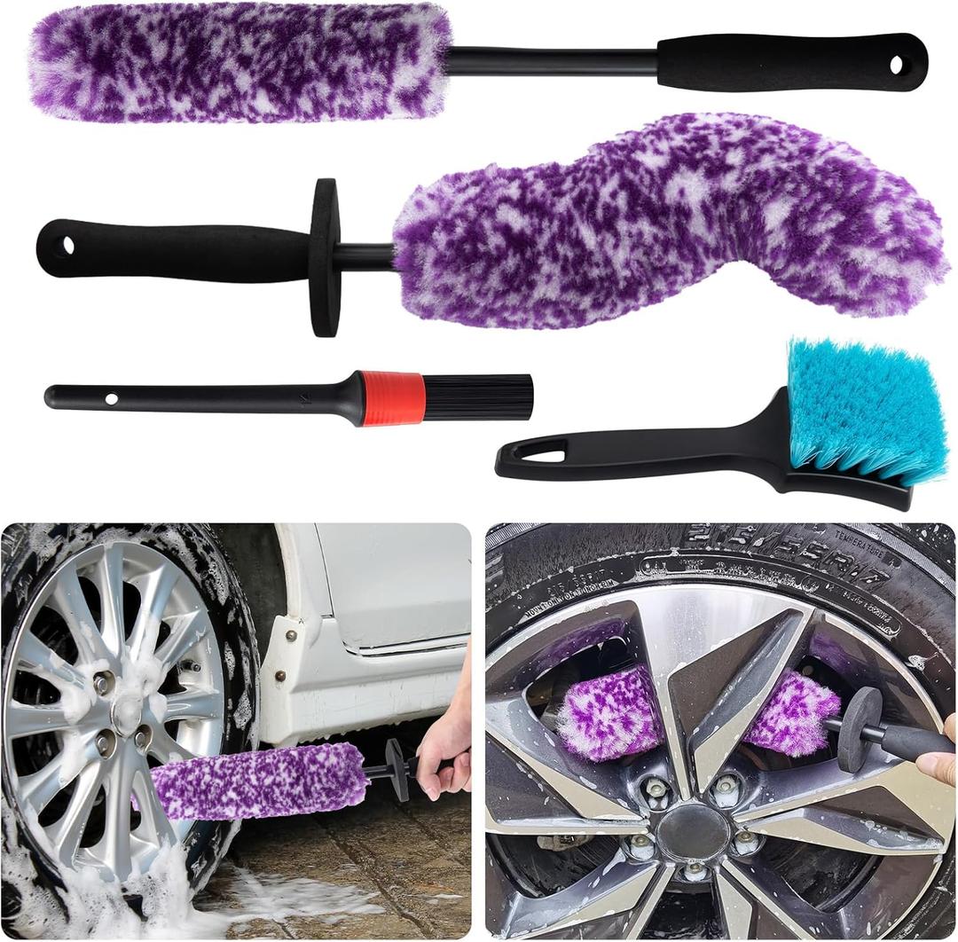 4 Pack Wheel Tire Cleaning Brush Kit Cars Motorcycles RVs Trucks Rim Hub Ultra Soft Microfiber No Spatter 360 Bendable Synthetic Woolies Wash Vehicles Bristle Set (Purple & White)