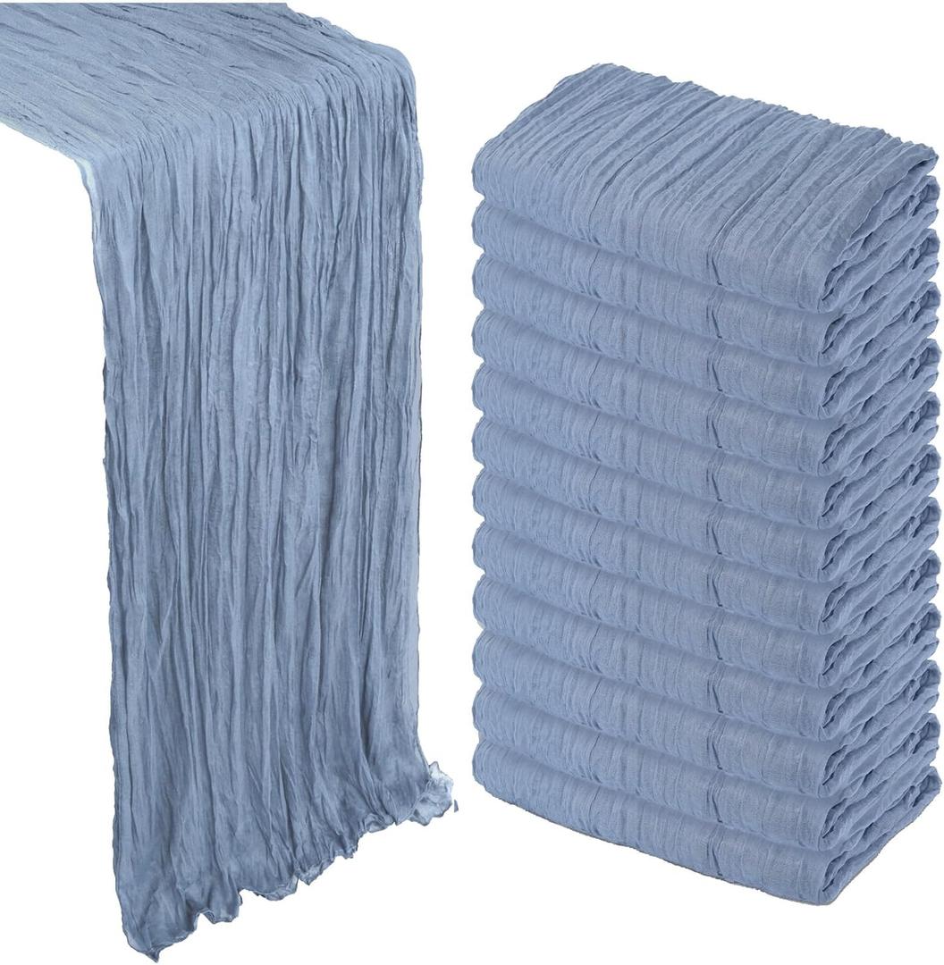 12 Pack Dusty Blue Cheesecloth Table Runner 10Ft Gauze Cheese Cloth Table Runner 35x120 Inch Boho Sheer Rustic Fabric for Party Decor Baby Shower Wedding Centerpiece Home Table Decorations