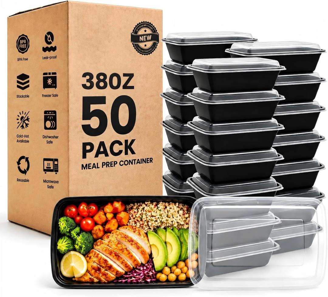 38 oz 50 Pack Meal Prep Containers Reusable, Disposable To Go Food Containers with Lids BPA Free, Plastic Food Storage Containers Microwave/Dishwasher/Freezer Safe Take Out Containers for Leftovers