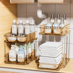 Delamu 2-Tier Under Sink Organizers and Storage, Multi-Purpose Stackable Bathroom Cabinet organizers, Pull Out Kitchen Pantry Organization and Storage with Dividers(2 Pack, Amber)