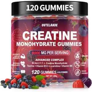 Creatine Monohydrate Gummies 8000 mg for Men & Women, Creatine Supplement for Enhanced Muscle Growth, Energy Boost - with L-Taurine, Sugar Free, Vegan, Raspberry BlackBerry Blueberry Flavor-120 Count