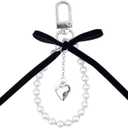 Black Bow With Pearls Keychain Y2k for Women Girls Bow Keychain Wristlet For Purse Goth Key Chain With Heart Charm
