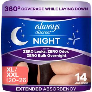 Always Discreet Night, Reimagined Adult Diapers for Women, Extended Overnight Absorbency Incontinence and Postpartum Underwear Size XL/XXL, 360 Degree Coverage While Laying Down, 14 Count