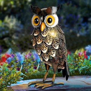 Shorayn Garden Statue Metal Owl Yard Art Outdoor Decor with Solar LED Lights for Patio Lawn Decoration Great Gifts