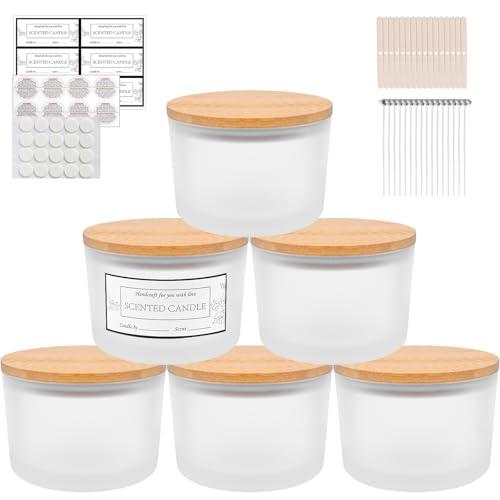 CONNOO 6-Pack 16 oz Candle Jars - 3-Wick Frosted Empty Glass Wide Mouth Candle Jars Come with Bamboo Lids, Sticky Warning Labels, and a Candle Wick Kit for Candle Making - Dishwasher Safe