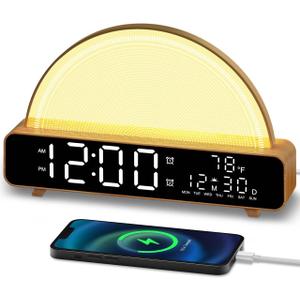 Sunrise Alarm Clock Wake Up Light with Sunrise Simulation White Noise Machine Touch Control Bedside Lamps Colors Atmosphere Lamp 30/60/90 Sleep Timer 13 Nature Sounds (Wood)
