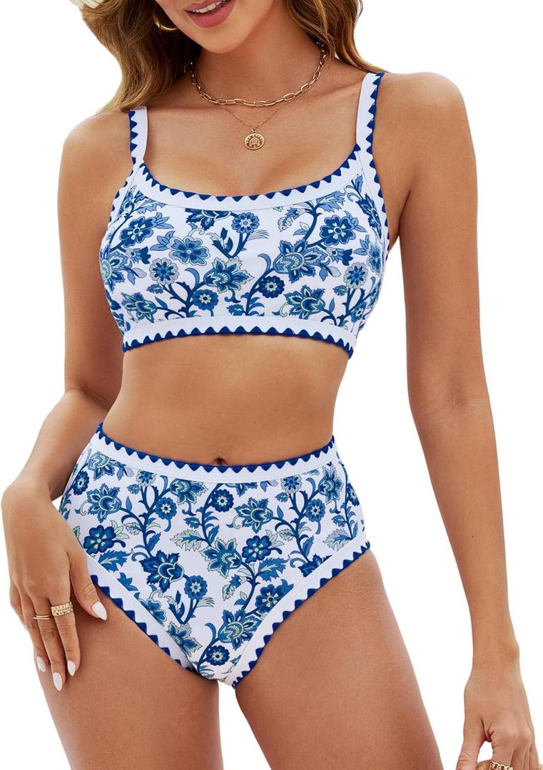 MELYUM High Waisted Bikini Sets for Women 2 Piece Tummy Control Swimsuit Floral Full Coverage Bathing Suit Teens Girls (Small, Dark Blue Floral Bikinis)