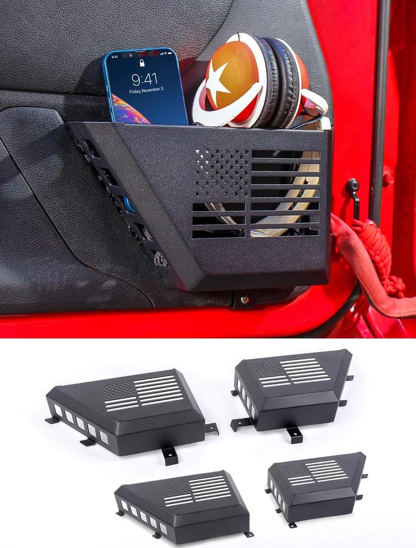 Savadicar Metal Door Pockets, American Flag Door Side Organizer Compatible with 2011-2018 Jeep Wrangler JK JKU, Front and Rear Door Storage Accessories, Replace Sagging Nets, 4PC Set