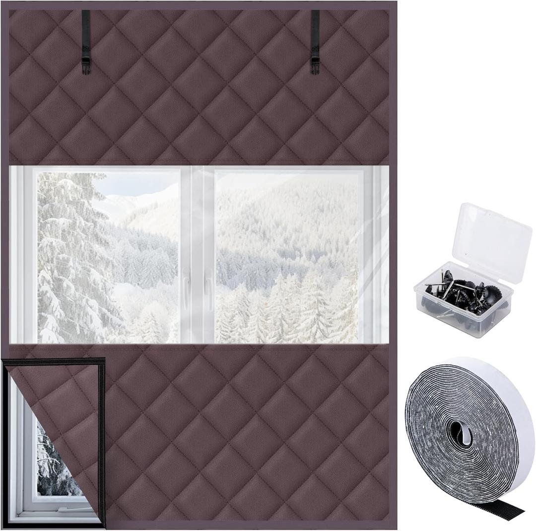 3 Layer 63 x 47 Inch Visible Winter Insulated Window Cover,Oxford Thermal Insulated Window Blanket with Fastener,Brownish Red Window Insulation Kit for Winterizing Keeping Home Warm