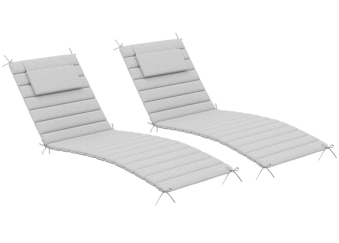 Sundale Outdoor Olefin Quilted Lounge Cushion Set of 2, Patio Foldable Chaise Lounger Cushion, Water-Resistant Lounge Chair Pad with Straps Light Gray, 80 x 26 inches
