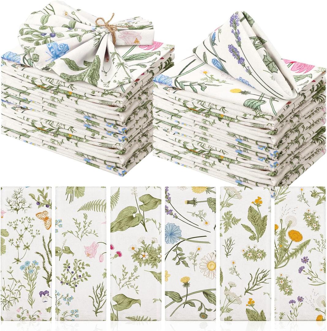 24 Pcs Herbs and Wild Flowers Cloth Napkins Floral Plants Reusable Napkins Country French Toile Dinner Soft Absorbent for Summer Holiday Party