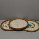 Tiangrid 3 Pcs Round Rattan Tray with Mother of Pearl Inlay Wicker Serving Tray with Wooden Base Boho Decorative Wicker Basket for Table Decor Bathroom Candle Perfume(Vintage Style)