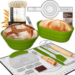 Sourdough Starter Kit with Jar  Complete Sourdough Bread Baking Supplies for Beginners, Includes 2 Silicone Proofing Baskets Baking Mat Sour Dough Kit - Green (34 oz with Mat & Sling)