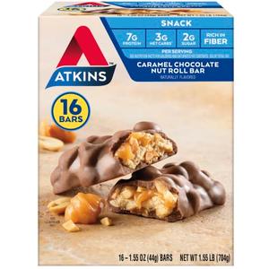 Atkins Caramel Chocolate Nut Roll Snack Bar, Protein Snack , 7g Protein, 2g Sugar, Rich in Fiber, 16 Count, Best By 08/10/26