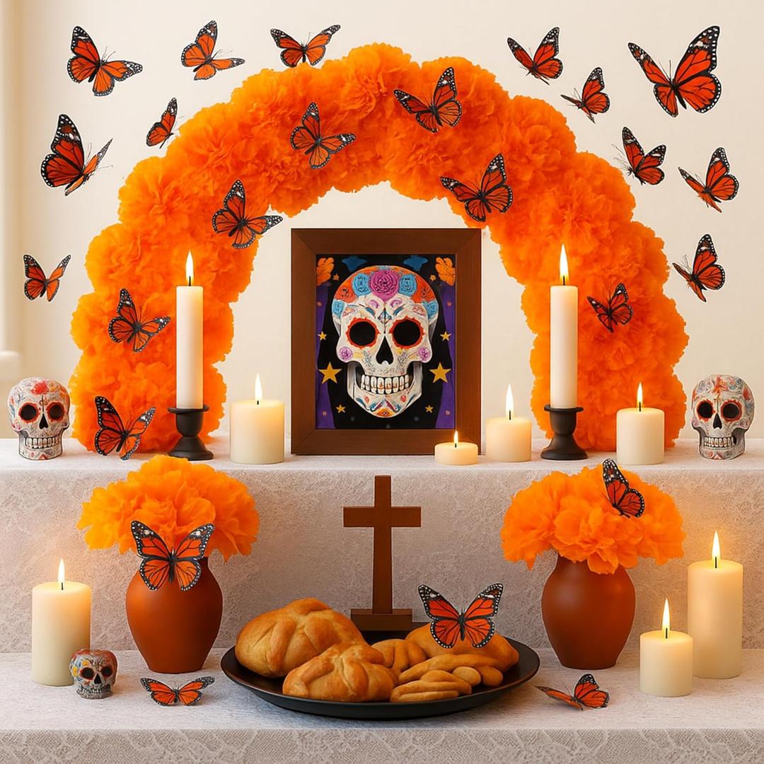 1 Pcs Pre-Installed Marigold Arch 14 Inch Day of The Dead Altar Decoration Marigold Flower with Butterfly Table Arch Kit Dia De Los Muertos Altar Decor for Mexican Festival Party Decorations