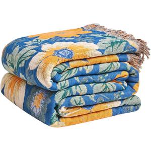LUTBM Boho Throw Blanket for Couch Sofa Chair Cotton Summer Blankets for Bedroom Living Room All Season Lightweight Reversible Floral Embroidery Throws 50"x60"