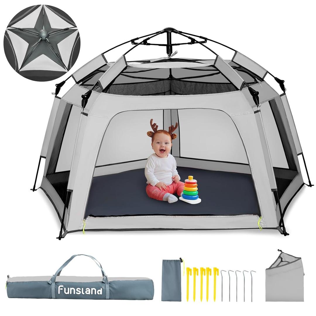 Baby Playpen Pop-up Tent - Outdoor & Indoor Play Tent for Beach with Canopy Travel Bag Portable Play Yard for Babies & Toddlers (Gray) (Grey)