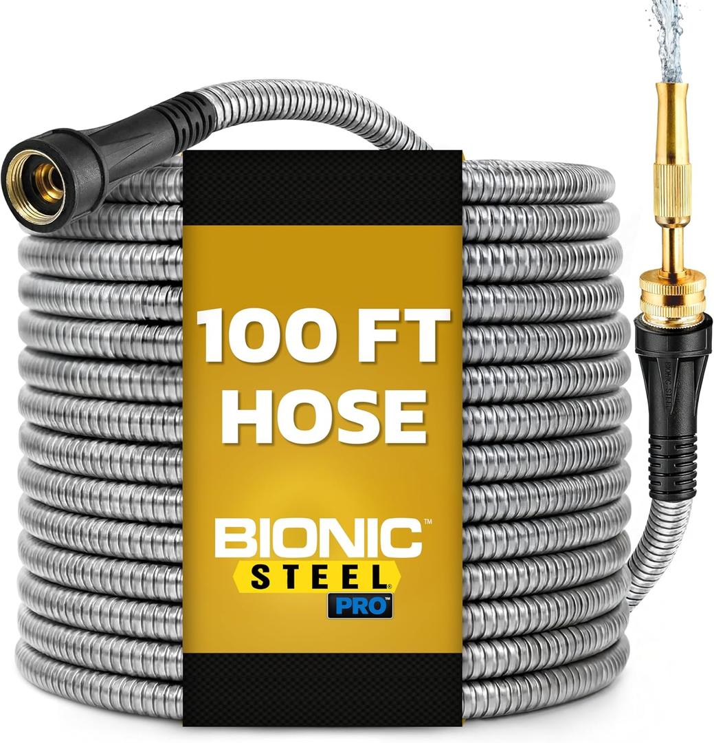 Bionic Steel PRO 100 Ft Garden Hose with Nozzle, Premium 304 Stainless Steel Metal Water Hose 100Ft Flexible Hose, Rust Proof, Lightweight, Heavy Duty, Crush Resistant Fittings, 500 PSI, 2025 Model