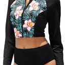 Pinup Fashion Long Sleeve Rash Guard - 2 Piece Swimsuit Bathing Suits with Bottom Swim Top UV UPF 50+ (X-Large, Black Floral)