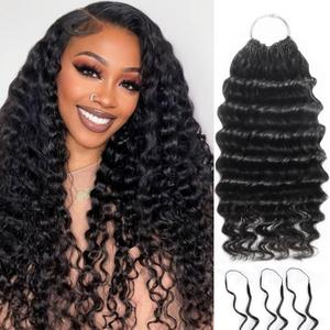 Pre-Separated Human Crochet Hair Deep Water Wave Curly Miracle Knots Crochet 100% Human Hair Bundles Braiding Hair 14 Inch 50g Knotless Feather Invisible Crochet Hair Extensions for Women, Black