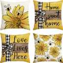 4 x AVOIN colorlife Home Sweet Home Bee Sunflower Throw Pillow Covers, 16 x 16 Inch Love Lives Here Spring Summer Stripes Cushion Case for Sofa Couch Set of 4