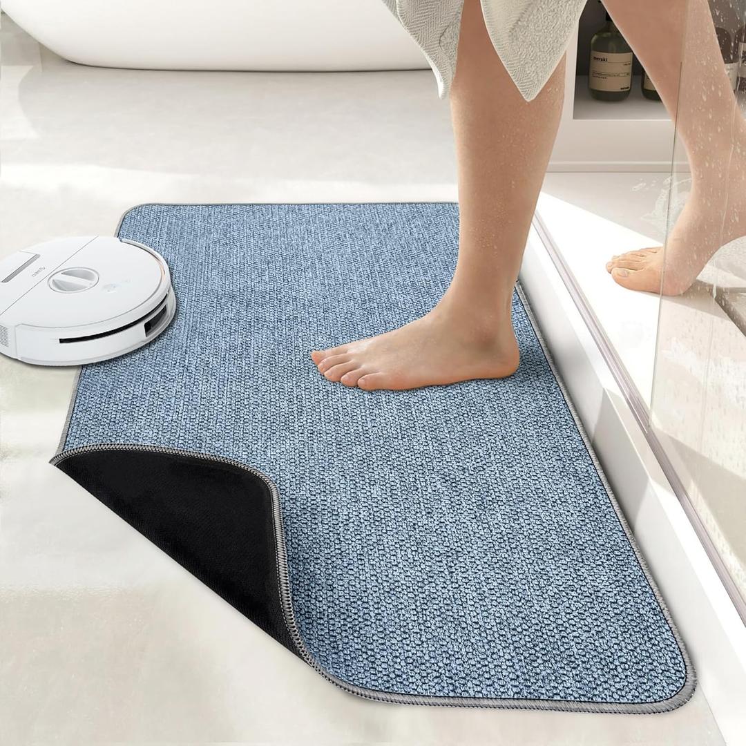 Bath Mat,Ultra Thin Bathroom Rugs,Rubber Bath Mats for Bathroom,Quick Dry,Non-Slip,Machine Washable,Fit Under Door,Absorbent Bath Rugs,Shower Outside,Sink,Home Decor Accessories.(Blue,17''x27'')