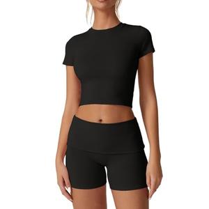 QINSEN Lounge Sets for Women 2 Piece Outfits Cropped Crew Neck Tops Fold Over Shorts Casual Loungewear Black S