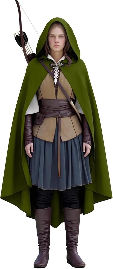 Cloak with Hood Women,Medieval Renaissance Hooded Cloak-Velvet Witch Cape with Clasp for Halloween Cosplay Costume (Army Green)