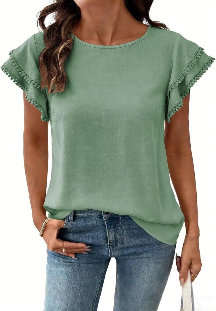 Dokotoo Summer Tops for Women 2026 Casual Round Neck Ruffle Cap Sleeve Blouse Shirts Solid Color Tunic Tops M