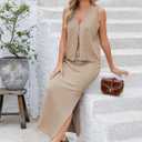 Pink Queen Women's Summer 2 Piece Outfit Set V Neck Button Crop Tank Top Vest Bodycon Maxi Long Skirt Waffle Knit Dress (Beige, L)